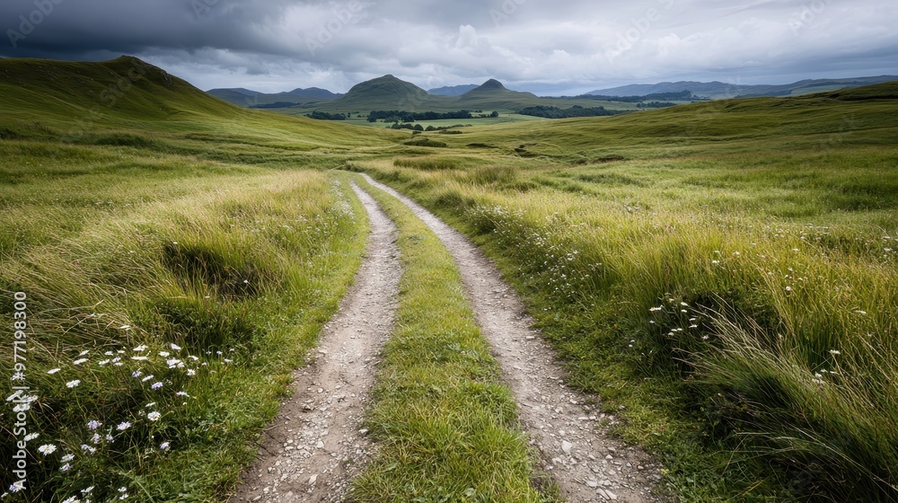 A dirt path meanders through green fields and rolling hills under a cloudy sky. The landscape exudes peace and solitude, reflecting rural tranquility. A dirt path meanders through green fields and rolling hills under a cloudy sky. The landscape exudes peace and solitude, reflecting rural tranquility.