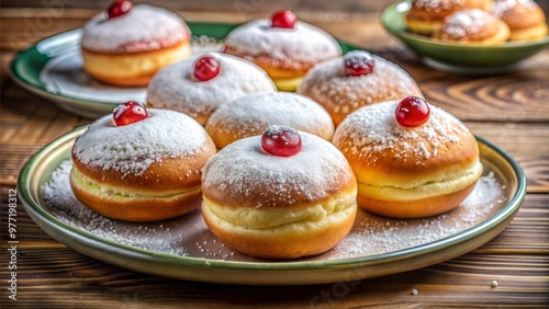 Delightful Hanukkah Sufganiyot Doughnuts with Sweet Jelly and Powdered Sugar on Festive Plates