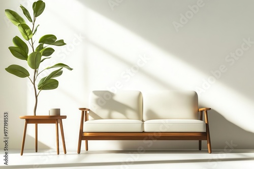 Midcentury modern living room in frontal view, teak wood accents, retro furnishings, minimalist decor, natural light pouring in, digital art in CG 3D, enhancing realism and texture photo