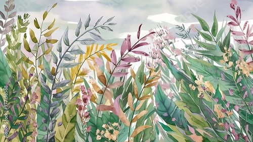 Seamless Hand painted watercolour wild meadow leaves and flowers Multicolour pattern