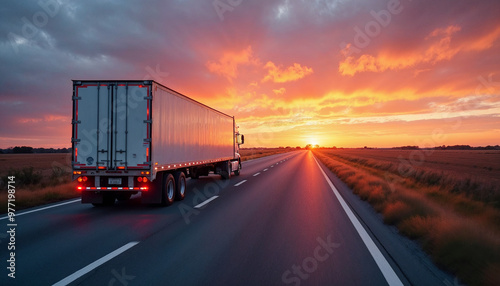 White trailer truck on empty roads at sunset with light trails, ideal for ads or promotions.






