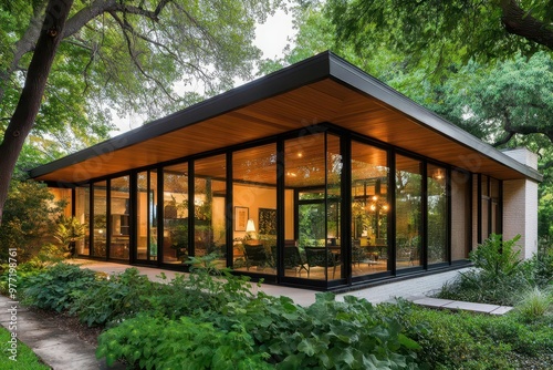 Side view of a midcentury modern house with teak ceilings, clean lines, large glass windows, surrounded by lush greenery, watercolor style, warm earth tones, serene atmosphere