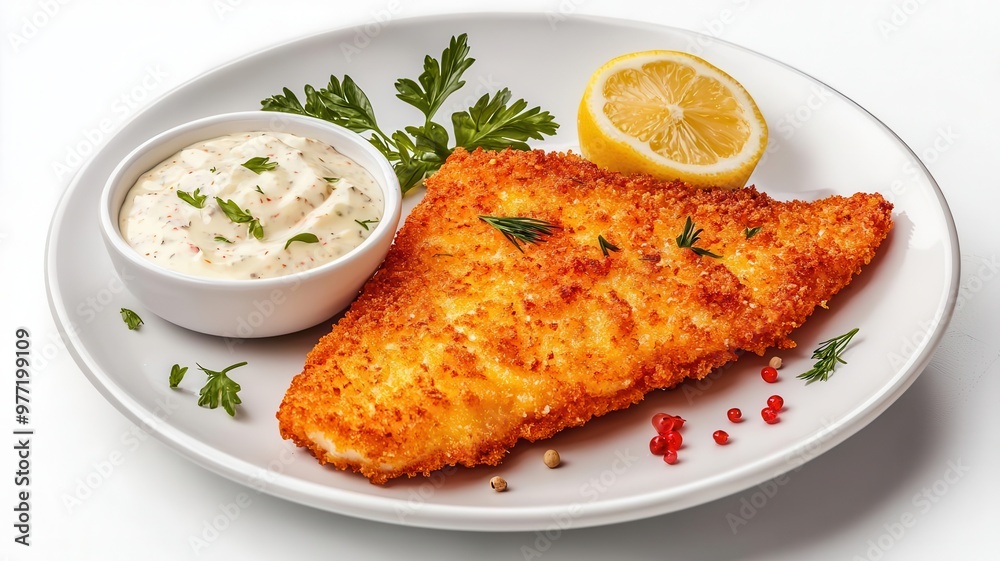 Crispy fish fillet, coated in panko, with a side of creamy tartar sauce, 3D illustration Crispy fish fillet, coated in panko, with a side of creamy tartar sauce, 3D illustration