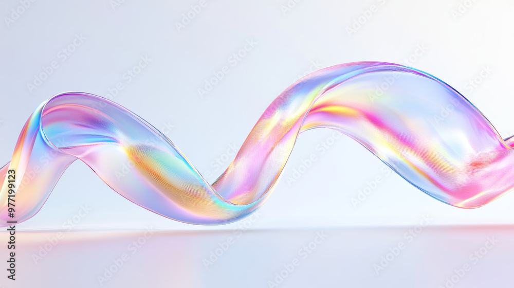 “3D abstract liquid glass transparent clear ribbon wave line rendered with a rainbow fluid flow curve shape. Features dispersion light and a holographic gradient texture, 