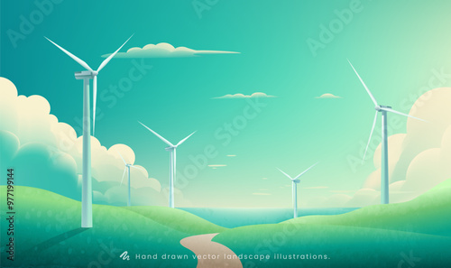 Hand painted horizontal illustration of a wind turbine on a green earth blue sea background