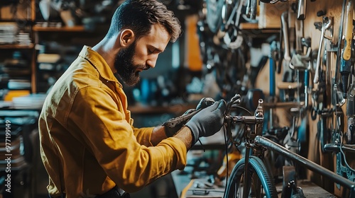 A Bearded Mechanic Works on a Bicycle in a Workshop