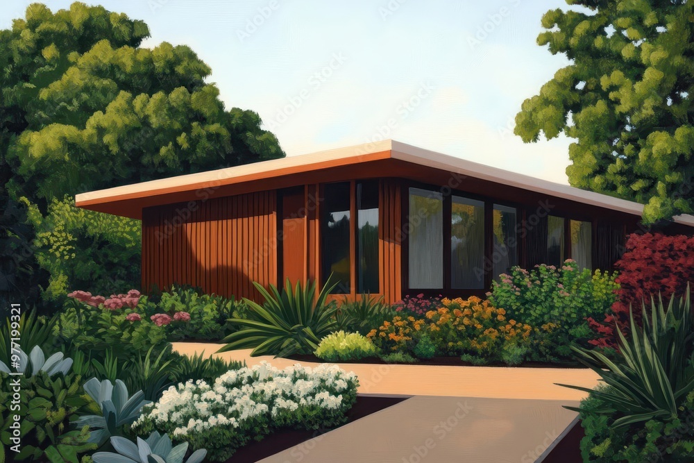 Worms-eye perspective of a midcentury modern house, detailed teak accents, lush garden surrounding, warm sunlight filtering through, oil painting effect, rich colors and textures Worms-eye perspective of a midcentury modern house, detailed teak accents, lush garden surrounding, warm sunlight filtering through, oil painting effect, rich colors and textures