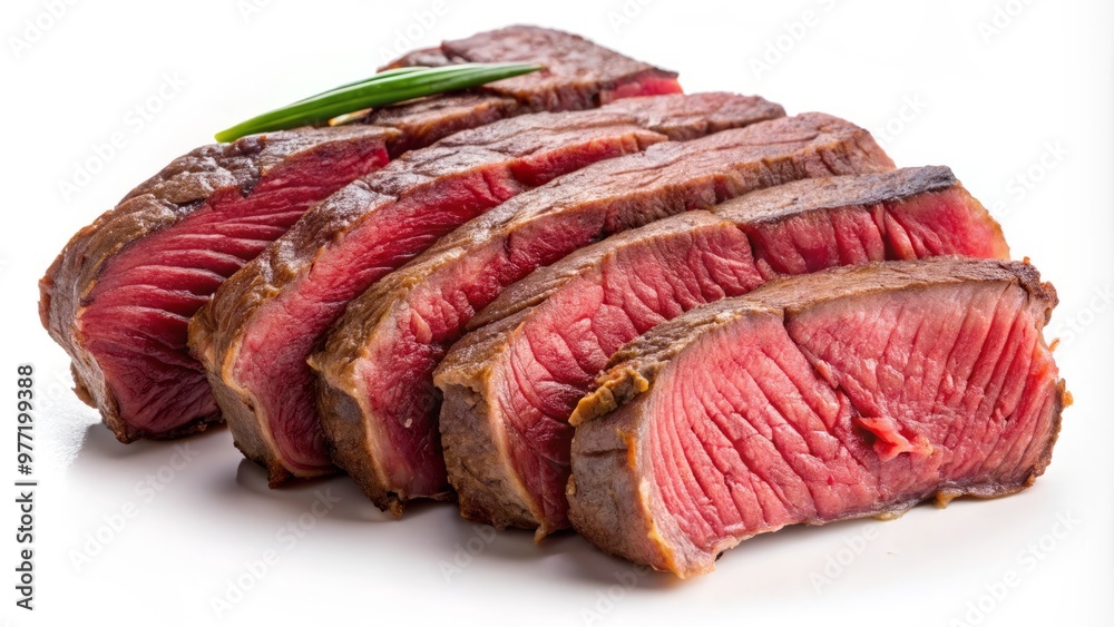 Fototapeta premium Delicately sliced Pannbiff steak, arranged on a curvaceous arc, showcasing its tender texture, on a pure white background.