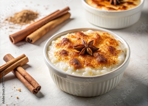 Warm and comforting rizogalo treat, sprinkled with cinnamon powder and sugar, on a white surface.
