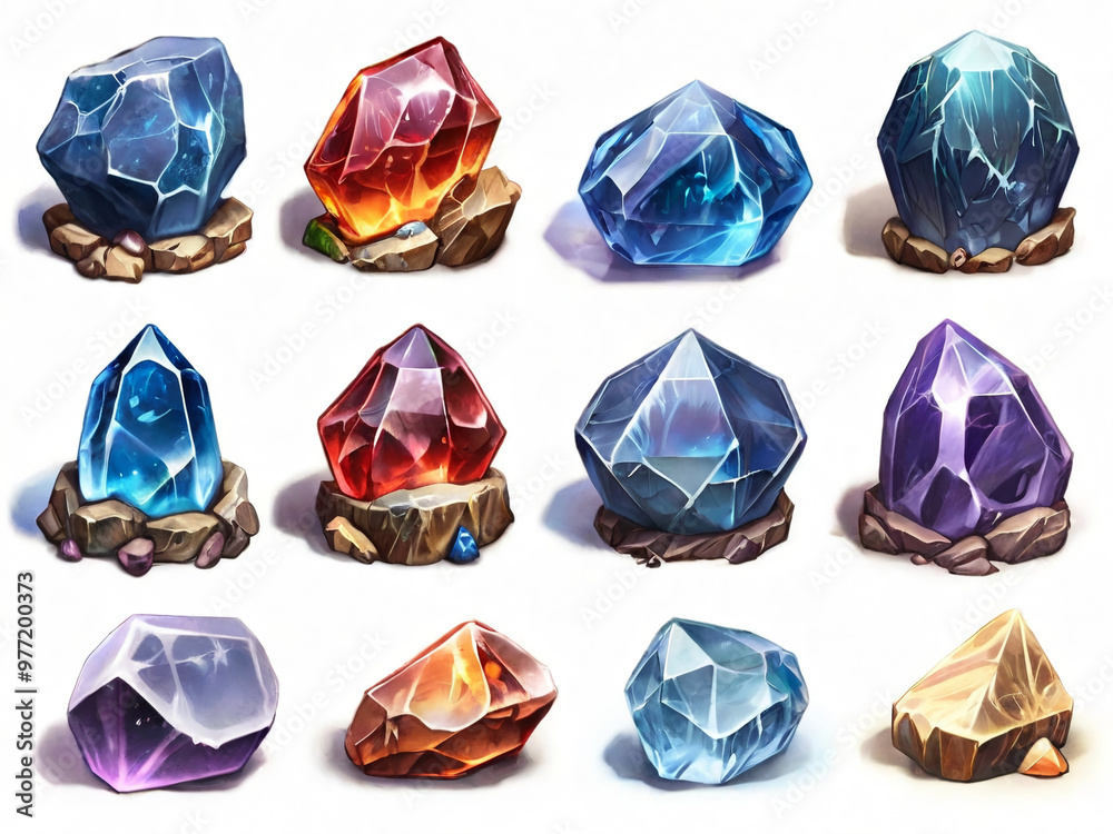 Naklejka premium 3D 2D icon of various different magic crystals for game design and games AI generated