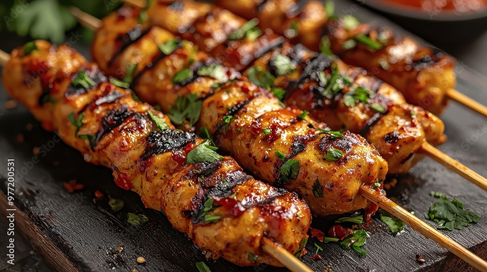 Chicken Satay with Herbs and Spices on Grey Background Chicken Satay with Herbs and Spices on Grey Background