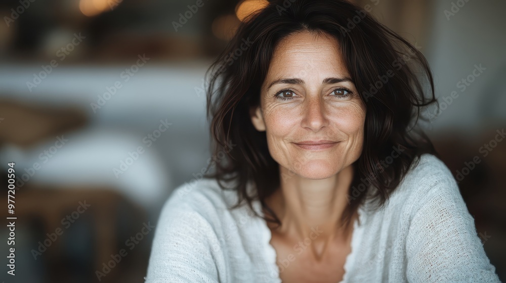 Relaxed and happy middle-aged woman with messy hair sits comfortably, smiling warmly in a cozy sweater, embodying a sense of ease and contentment. Relaxed and happy middle-aged woman with messy hair sits comfortably, smiling warmly in a cozy sweater, embodying a sense of ease and contentment.