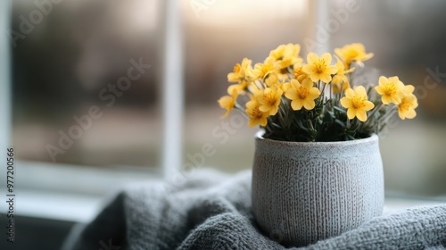 Softly lit yellow flowers in a grey vase sit on a windowsill, with a cozy grey blanket accompanying them, all under the dim light of dusk, evoking comfort and tranquility. photo