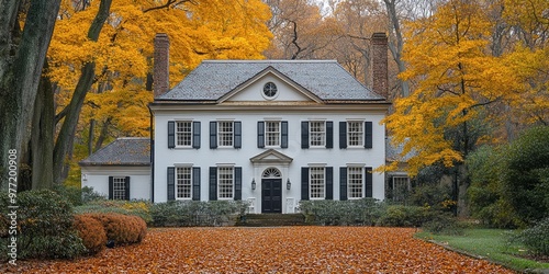 Charming Colonial-style house surrounded by vibrant fall foliage, featuring a beautiful pathway covered in autumn leaves and a serene woodland backdrop