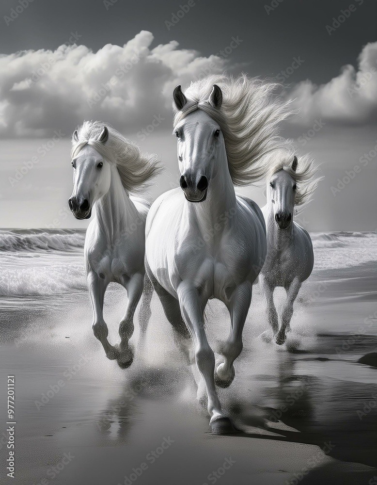 Three white horses galloping, running along the beach Three white horses galloping, running along the beach