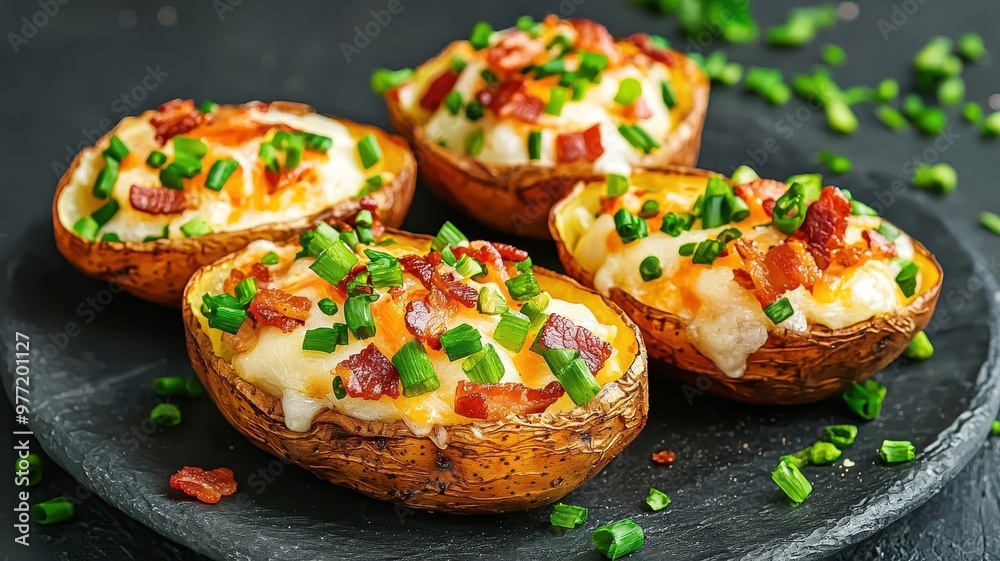Golden, crispy potato skins, filled with creamy cheese and bacon bits, 3D illustration Golden, crispy potato skins, filled with creamy cheese and bacon bits, 3D illustration
