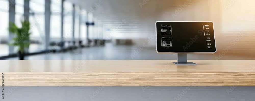 Streamlined check-in counter area showing modern design elements Streamlined check-in counter area showing modern design elements
