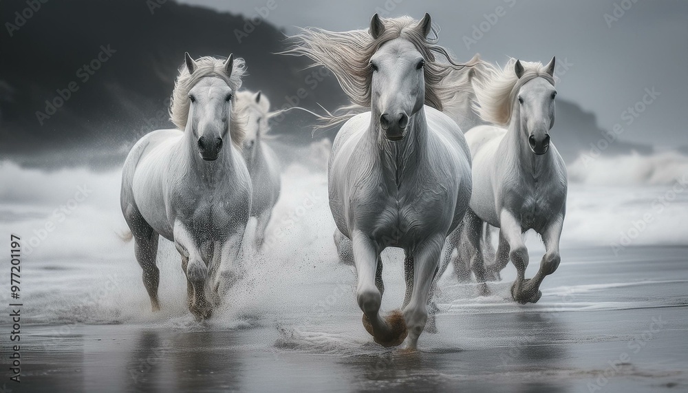 Three white horses galloping, running along the beach Three white horses galloping, running along the beach