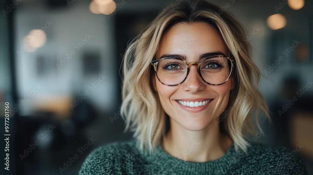 A bright smiling portrait of a woman with glasses, set against a modern background with soft focus, capturing a sense of freshness and buoyancy. A bright smiling portrait of a woman with glasses, set against a modern background with soft focus, capturing a sense of freshness and buoyancy.