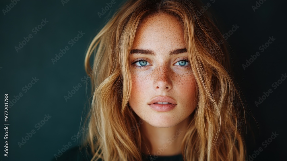 A timeless portrait highlighting a woman with captivating blue eyes and freckles, exuding warmth and natural beauty against a soft, dark background. A timeless portrait highlighting a woman with captivating blue eyes and freckles, exuding warmth and natural beauty against a soft, dark background.