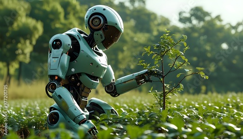 Hyperrealistic depiction of a robot planting trees in a vast field, showcasing the future of agriculture with innovative ecorobotics and green technology