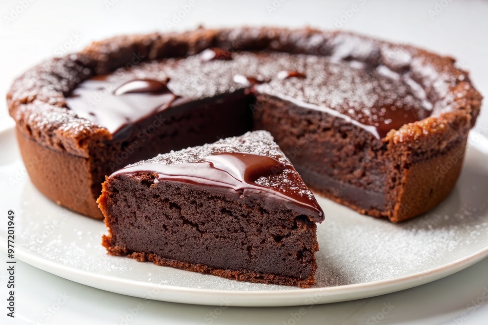 Rich, velvety chocolate kladdkaka with a gooey center, oozing out of the edges, against a pristine white background. Rich, velvety chocolate kladdkaka with a gooey center, oozing out of the edges, against a pristine white background.