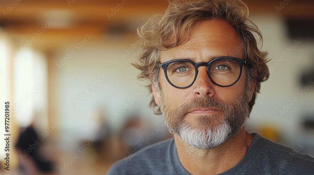 An older man with curly hair and a beard, wearing black-rimmed glasses, gazes confidently into the camera with a soft focus background of an indoor setting An older man with curly hair and a beard, wearing black-rimmed glasses, gazes confidently into the camera with a soft focus background of an indoor setting
