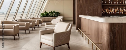 Luxury airport lounge scene with an emphasis on modern furniture
