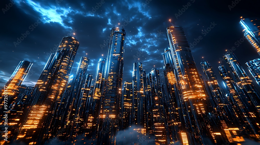 Fototapeta premium A futuristic cityscape glistens with chrome buildings under a deep night sky.