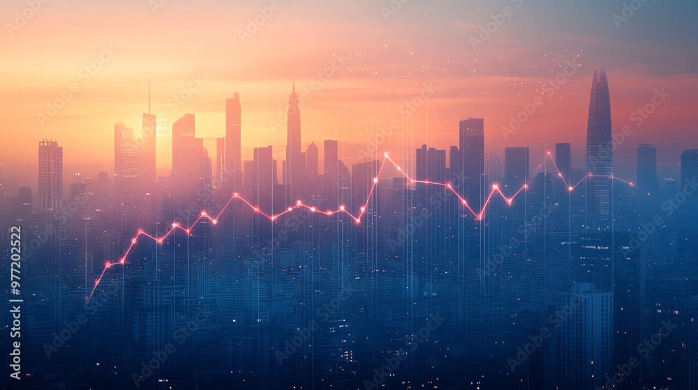 A beautiful cityscape at sunset with a graph overlay, symbolizing growth and investment opportunities in urban finance.