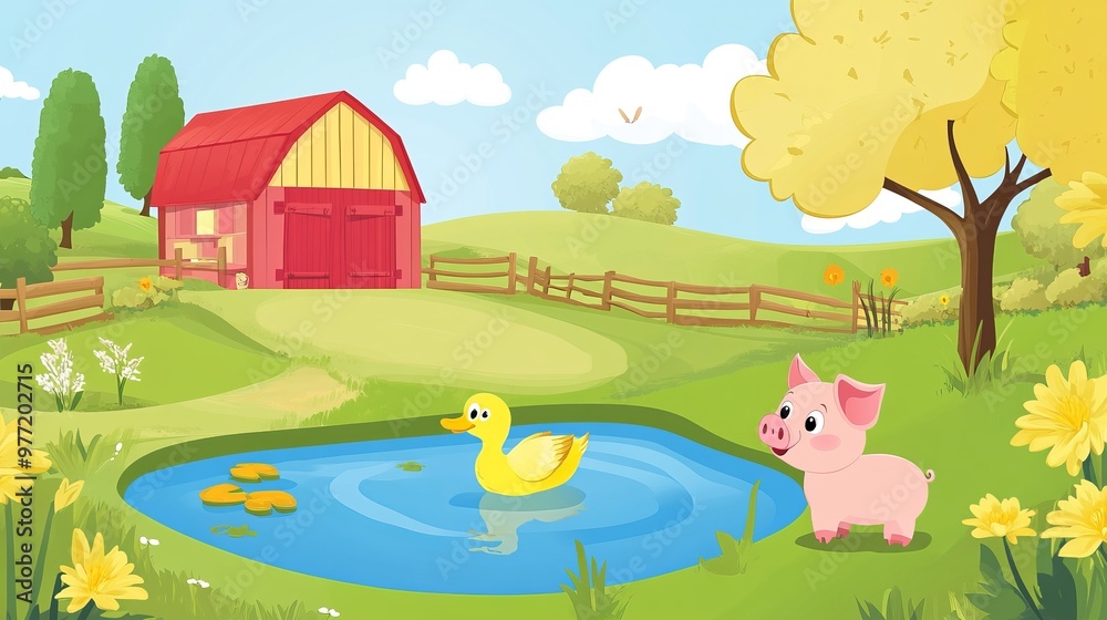 Cartoon Farm Scene with Pig Duck and Pond Cartoon Farm Scene with Pig Duck and Pond