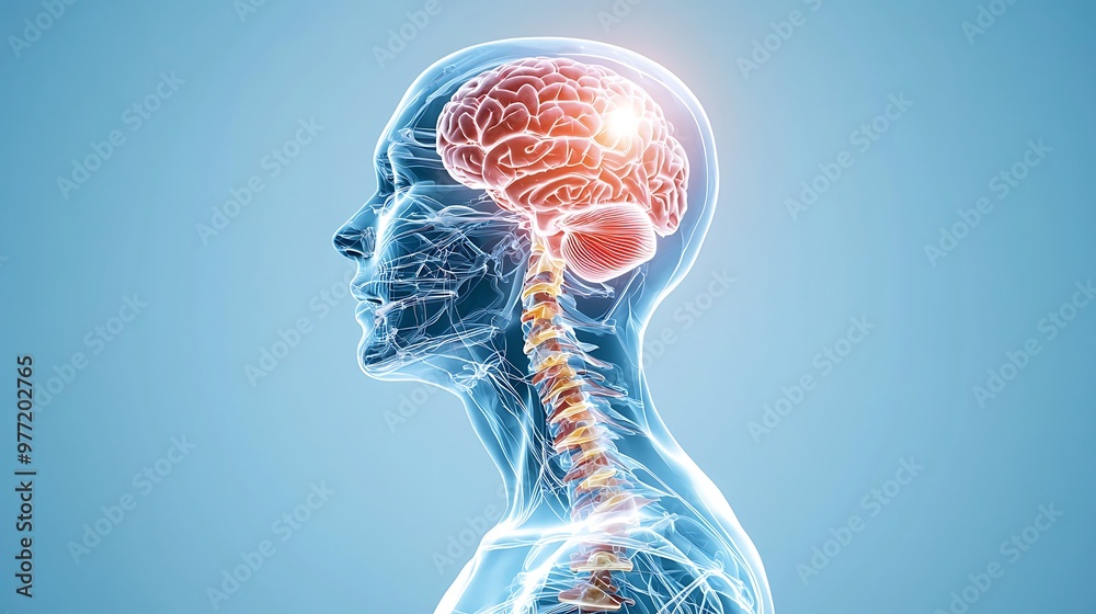 A 3D illustration of the human brain, head, and spine reveals its complex inner workings. A 3D illustration of the human brain, head, and spine reveals its complex inner workings.