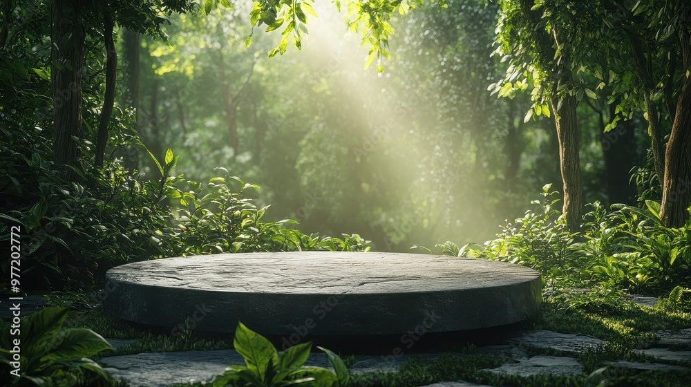Elegant podium in a lush green forest, sunlight filtering through trees, Elegant podium in a lush green forest, sunlight filtering through trees,