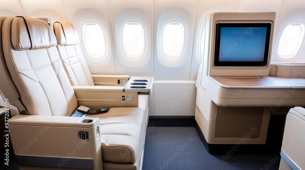 Business class seat setup in an airplane cabin Business class seat setup in an airplane cabin