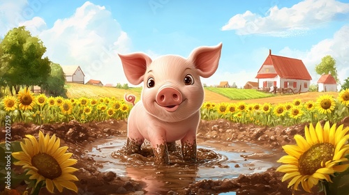 Cute Piglet Playing in Mud Puddle with Sunflowers and Countryside Background photo