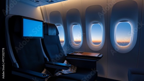 Business class seat setup in an airplane cabin photo