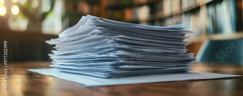 A close-up view of a stacked pile of papers on a wooden desk, surrounded by a warm and inviting atmosphere.