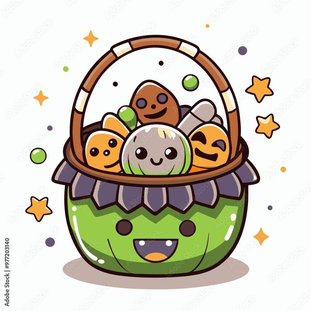 Obraz premium Smiling Halloween treat bucket with candy characters in cartoon style