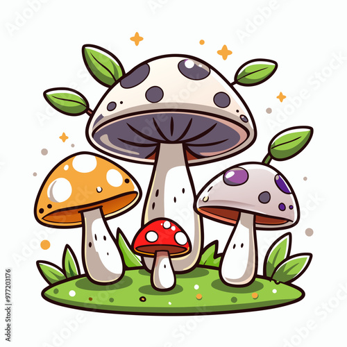 Colorful cartoon mushrooms on grass patch with sparkles