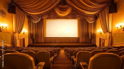 Golden Era Nostalgia: Vintage Cinema Hall with Retro Seats and Classic Movie Screen in Warm Atmosphere