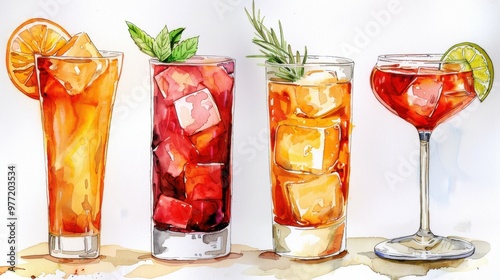 watercolor clipart of set of 4 cocktails on white background 