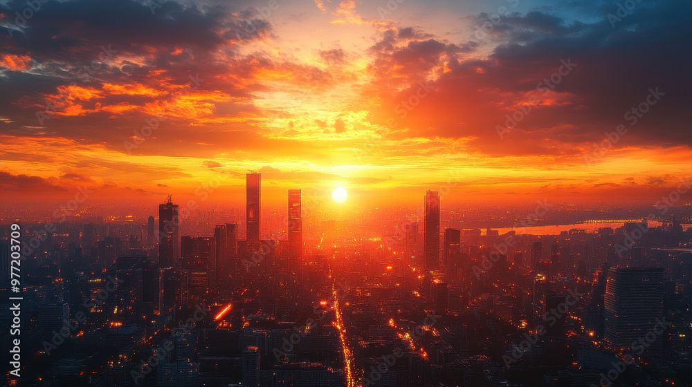Fototapeta premium City Skyline Sunset, A stunning view of a modern city skyline illuminated by the warm orange and yellow hues of the setting sun, creating a magical atmosphere