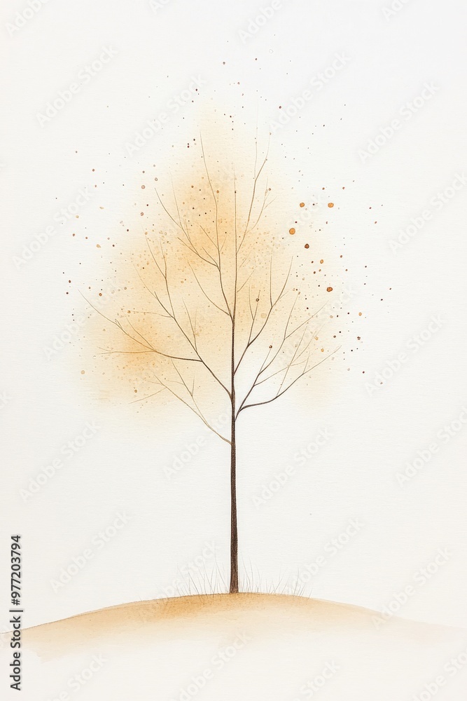 Obraz premium watercolor minimalist tree standing alone on a hill, with soft colors and subtle details.
