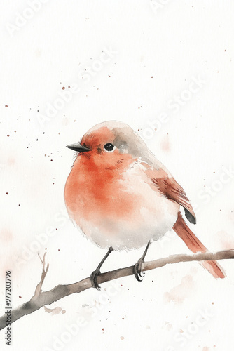 watercolor Robin - A cute bird sitting on a branch, depicted in a soft and detailed watercolor style.
