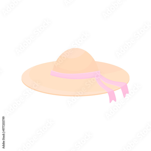 Hat with a pink ribbon in cartoon style on a white isolated background. Women's hat