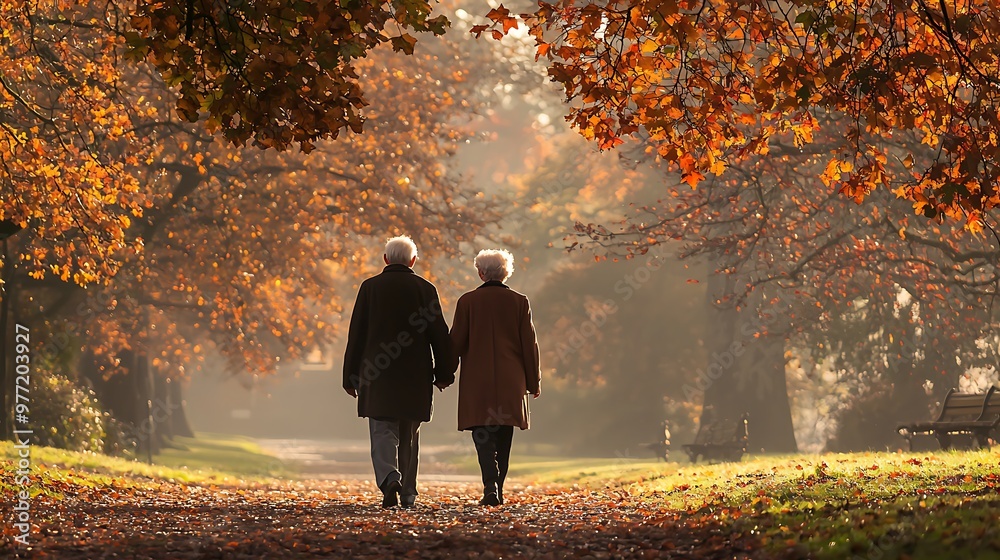 An elderly couple strolls through the autumn park, the golden leaves crunching beneath their feet. An elderly couple strolls through the autumn park, the golden leaves crunching beneath their feet.