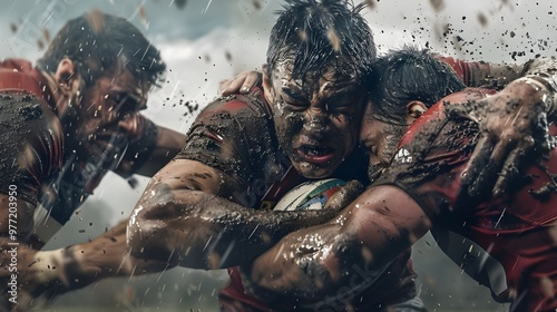 Rugby players in intense muddy tackle collision