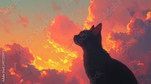 A curious cat gazing at a soft sunset with pastel-colored clouds in the sky, Japanese animation background photo