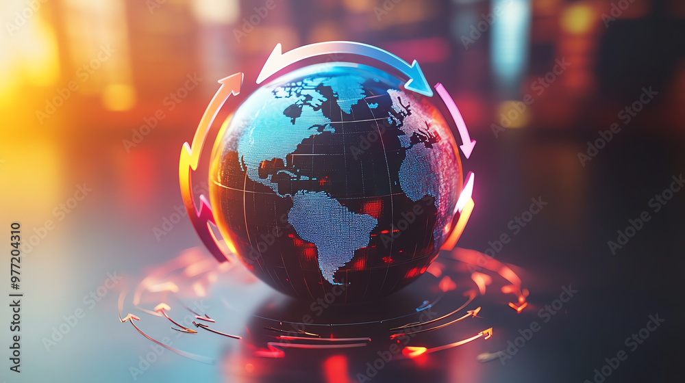 A vibrant globe illustrating global connections and modern technology with dynamic arrows symbolizing movement and progress. A vibrant globe illustrating global connections and modern technology with dynamic arrows symbolizing movement and progress.