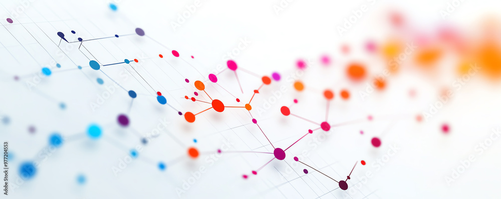 Abstract illustration of colorful nodes connected by lines representing a network or data visualization concept. Abstract illustration of colorful nodes connected by lines representing a network or data visualization concept.